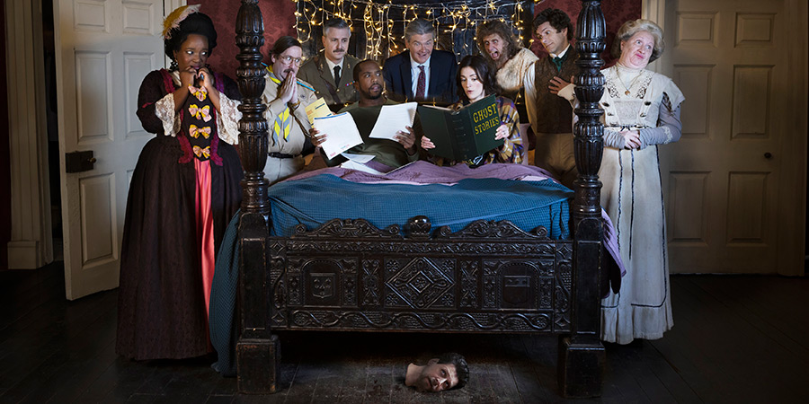 Ghosts. Image shows left to right: Kitty (Lolly Adefope), Pat (Jim Howick), Captain (Ben Willbond), Mike (Kiell Smith-Bynoe), Julian (Simon Farnaby), Alison (Charlotte Ritchie), Robin (Laurence Rickard), Thomas (Mathew Baynton), Lady Button (Martha Howe-Douglas)