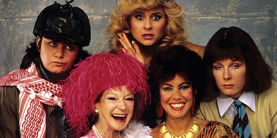 Girls On Top. Image shows from L to R: Amanda Ripley (Dawn French), Lady Chloe Carlton (Joan Greenwood), Candice Valentine (Tracey Ullman), Shelley DuPont (Ruby Wax), Jennifer Marsh (Jennifer Saunders). Copyright: Central Independent Television