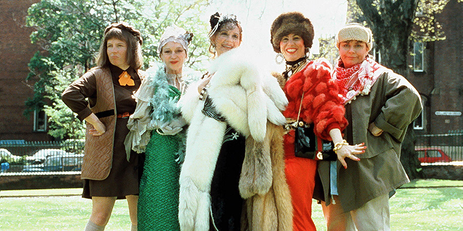 Girls On Top. Image shows left to right: Jennifer Marsh (Jennifer Saunders), Lady Chloe Carlton (Joan Greenwood), Candice Valentine (Tracey Ullman), Shelley DuPont (Ruby Wax), Amanda Ripley (Dawn French)