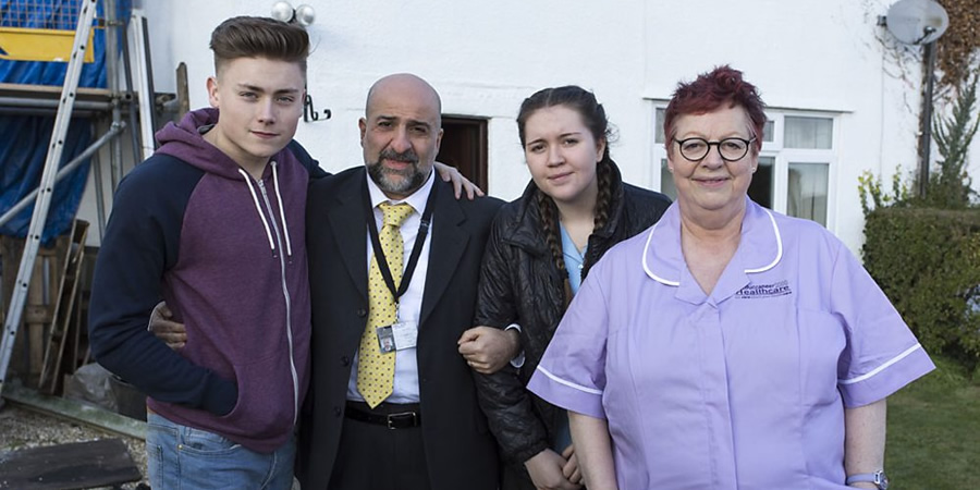 Going Forward. Image shows from L to R: Max Wilde (Ben Colbert), Dave Wilde (Omid Djalili), Kelly Wilde (Imogen Byron), Kim Wilde (Jo Brand). Copyright: Vera Productions