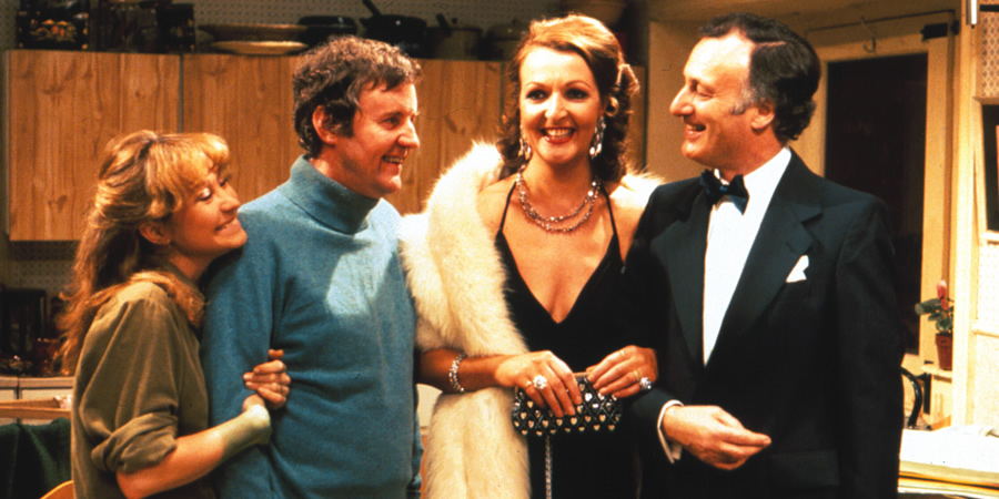 The Good Life. Image shows from L to R: Barbara Good (Felicity Kendal), Tom Good (Richard Briers), Margo Leadbetter (Penelope Keith), Jerry Leadbetter (Paul Eddington). Copyright: BBC
