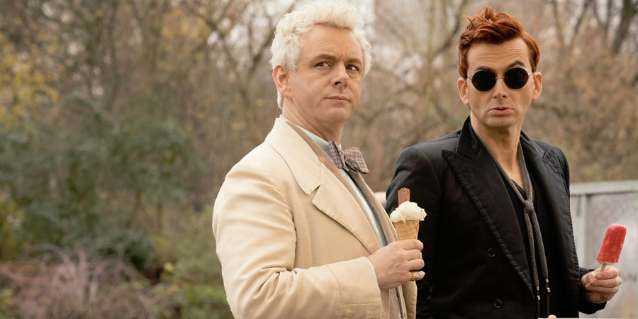 Good Omens. Image shows from L to R: Aziraphale (Michael Sheen), Crowley (David Tennant)