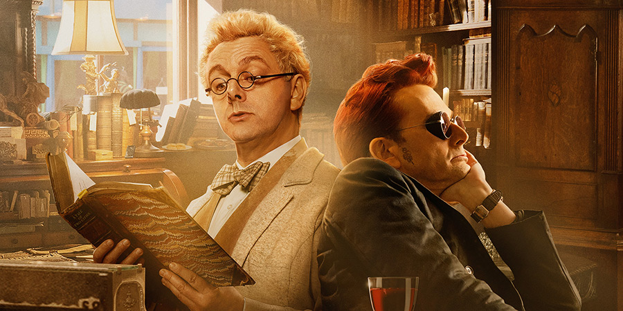 Good Omens. Image shows left to right: Aziraphale (Michael Sheen), Crowley (David Tennant)