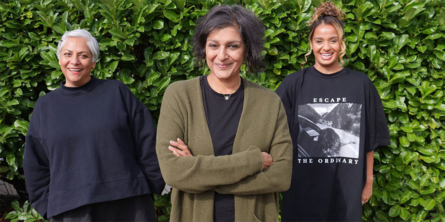 Gossip And Goddesses With Granny Kumar. Image shows from L to R: Geeta Bhandari (Harvey Virdi), Granny Kumar (Meera Syal), Maya Kumar (Ambreen Razia)