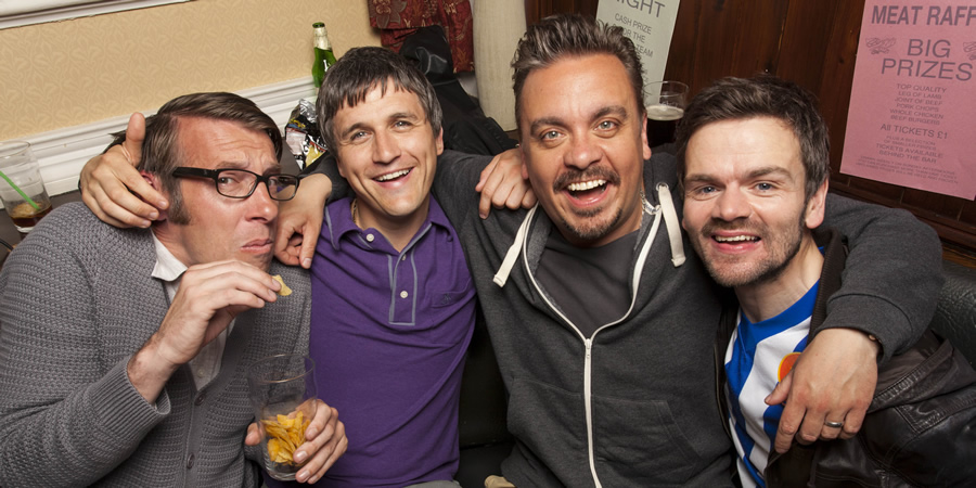 Great Night Out. Image shows from L to R: Glyn (Craig Parkinson), Beggsy (William Ash), Hodge (Lee Boardman), Daz (Stephen Walters)