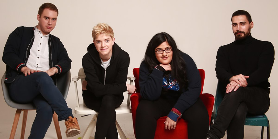 GrownUpLand. Image shows from L to R: Ned Sedgwick, Mae Martin, Bisha K Ali, Steve Ali. Copyright: BBC