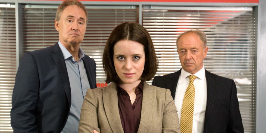 Hacks. Image shows from L to R: Oliver Bland (Nigel Planer), Kate Loy (Claire Foy), Stanhope Feast (Michael Kitchen)