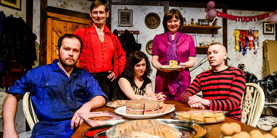 The Harri-Parris' Radio Show. Image shows from L to R: Ifan (Dan Rochford), Deiniol (Rhys Ap Trefor), Anni (Llinos Mai), Mami (Rhian Morgan), Ben (Oliver Wood). Copyright: BBC