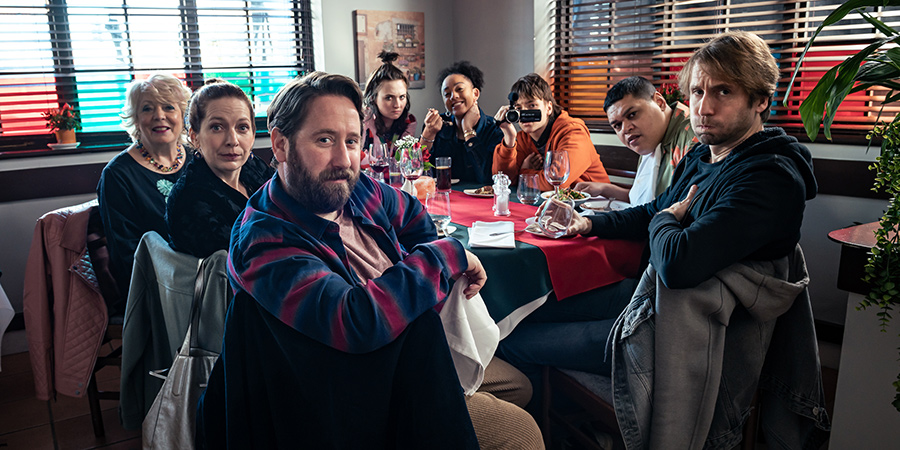 Here We Go. Image shows from L to R: Sue (Alison Steadman), Rachel (Katherine Parkinson), Paul (Jim Howick), Amy (Freya Parks), Maya (Mica Ricketts), Sam (Jude Morgan-Collie), Dean (Ed Kear), Robin (Tom Basden)