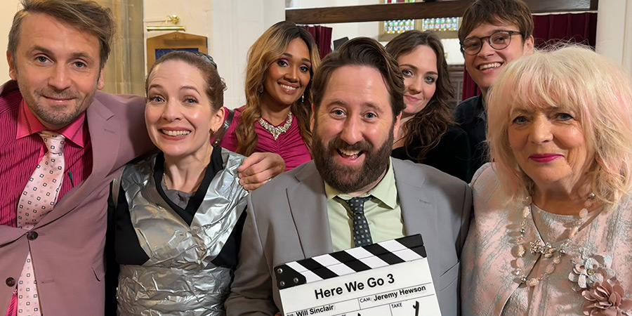 Here We Go. Image shows left to right: Robin (Tom Basden), Rachel (Katherine Parkinson), Cherry (Tori Allen-Martin), Paul (Jim Howick), Amy (Freya Parks), Sam (Jude Morgan-Collie), Sue (Alison Steadman)