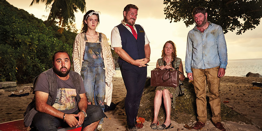 High & Dry. Image shows from L to R: Arnab (Asim Chaudhry), Susan (Grace Rex), Brett (Marc Wootton), Harriet (Vicki Pepperdine), Douglas (Harry Peacock). Copyright: Baby Cow Productions