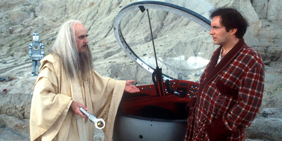 The Hitchhiker's Guide To The Galaxy. Image shows from L to R: Marvin (David Learner), Slartibartfast (Richard Vernon), Arthur Dent (Simon Jones). Copyright: BBC