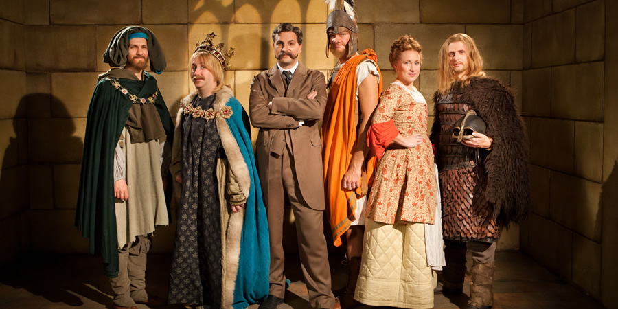 Horrible Histories. Image shows from L to R: Mathew Baynton, Jim Howick, Ben Willbond, Simon Farnaby, Martha Howe-Douglas, Laurence Rickard. Copyright: Lion Television / Citrus Television