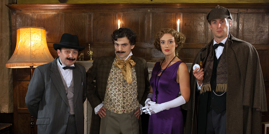 Horrible Histories. Image shows from L to R: Thom Tuck, Jalaal Hartley, Jessica Ransom, Tom Stourton