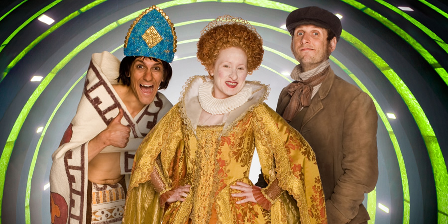 Horrible Histories. Image shows from L to R: Mathew Baynton, Martha Howe-Douglas, Laurence Rickard