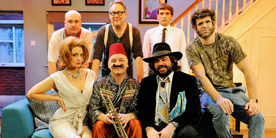 House Of Fools. Image shows from L to R: Ben Gunn (Frank Harper), Julie (Morgana Robinson), Bob (Bob Mortimer), Vic (Vic Reeves), Beef (Matt Berry), Erik (Daniel Simonsen), Bosh (Dan Skinner). Copyright: BBC / Pett Productions