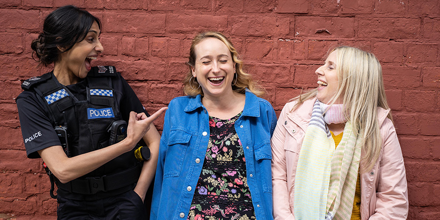 Hullraisers. Image shows from L to R: Rana (Taj Atwal), Toni (Leah Brotherhead), Paula (Sinead Matthews)