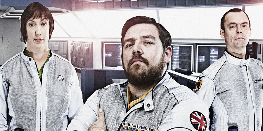 Hyperdrive. Image shows from L to R: Diplomatic Officer Teal (Miranda Hart), Commander Henderson (Nick Frost), First Officer York (Kevin Eldon). Copyright: BBC