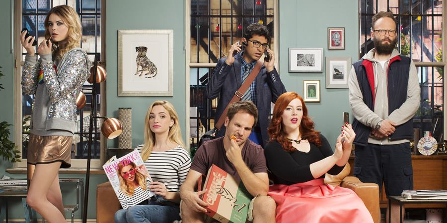 I Live With Models. Image shows from L to R: Molly (Kamilla Alnes), Scarlet (Brianne Howey), Tommy (David Hoffman), Marshall (Karan Soni), Jess (Lydia Rose Bewley), Seth (Alex Beckett). Copyright: Roughcut Television