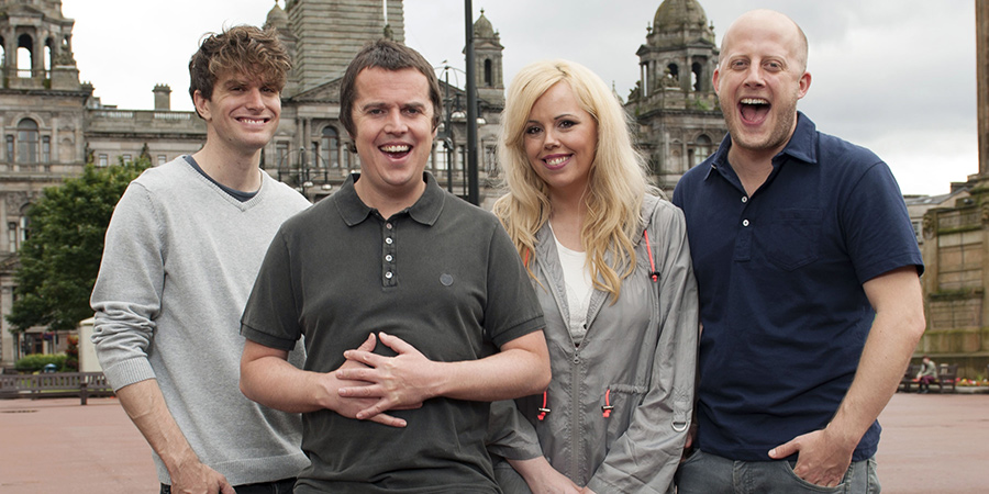 Impractical Jokers. Image shows from L to R: Joel Dommett, Paul McCaffrey, Roisin Conaty, Marek Larwood. Copyright: Yalli Productions / Shed Productions