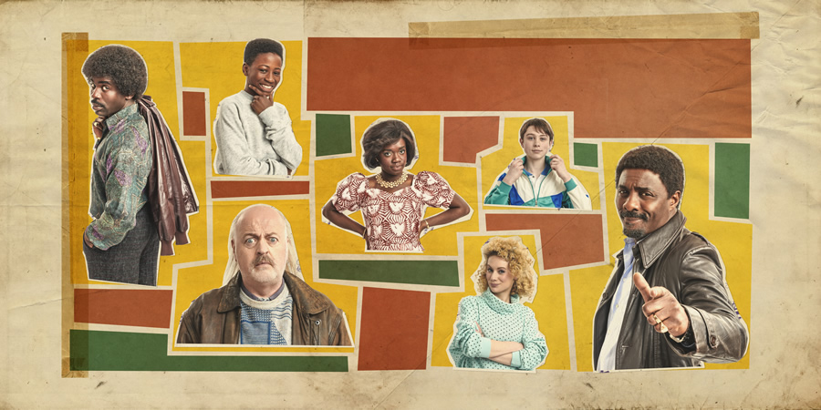 In The Long Run. Image shows from L to R: Valentine (Jimmy Akingbola), Bagpipes (Bill Bailey), Kobna (Sammy Kamara), Agnes (Madeline Appiah), Kirsty (Kellie Shirley), Dean (Mattie Boys), Walter (Idris Elba)