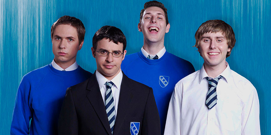 The Inbetweeners: Fwends Reunited. Image shows from L to R: Joe Thomas, Simon Bird, Blake Harrison, James Buckley. Copyright: Bwark Productions