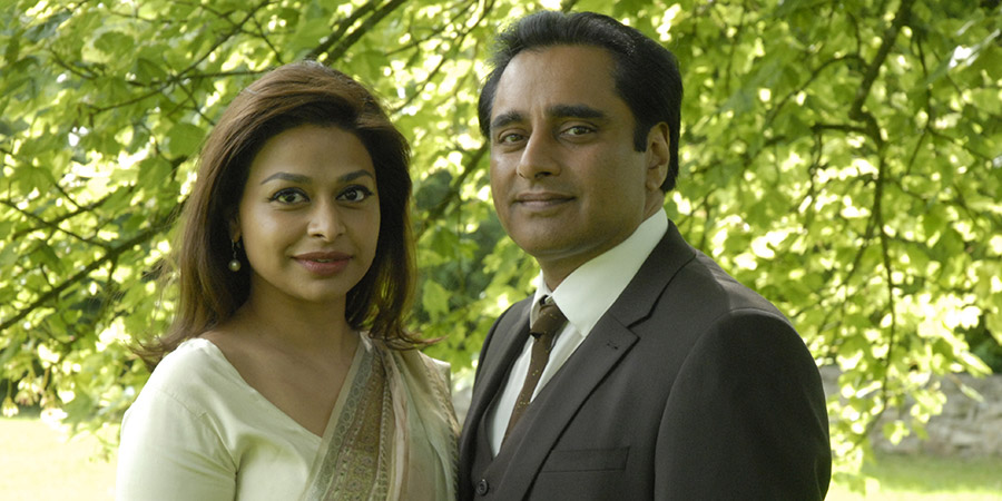 The Indian Doctor. Image shows from L to R: Kamini Sharma (Ayesha Dharker), Dr. Prem Sharma (Sanjeev Bhaskar)