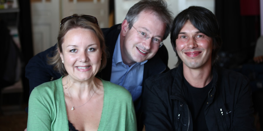The Infinite Monkey Cage. Image shows from L to R: Alexandra Feachem, Robin Ince, Brian Cox