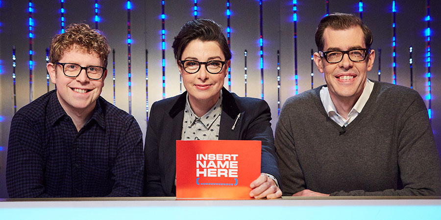 Insert Name Here. Image shows from L to R: Josh Widdicombe, Sue Perkins, Richard Osman. Copyright: 12 Yard Productions