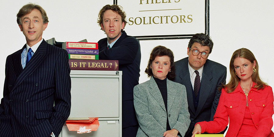 Is It Legal?. Image shows from L to R: Dick Spackman (Jeremy Clyde), Colin Lotus (Richard Lumsden), Stella Phelps (Imelda Staunton), Bob Birch (Patrick Barlow), Alison (Kate Isitt). Copyright: Hartswood Films Ltd