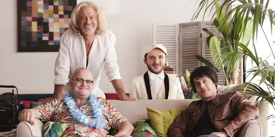 Island Of Dreams. Image shows from L to R: Gregg Wallace (Al Murray), Sir Richard Branson (Harry Enfield), Baboo (Leigh Gill), Brian Cox (Dustin Demri-Burns). Copyright: Genial Productions