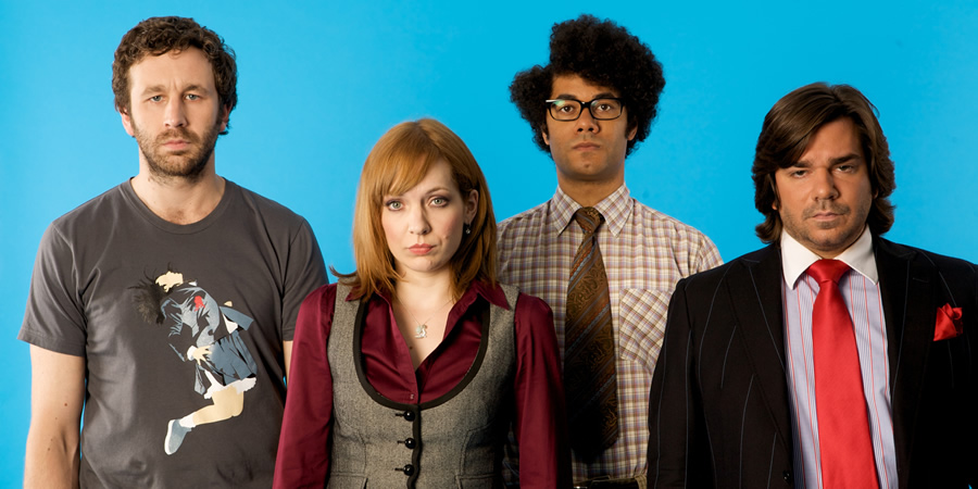 The IT Crowd. Image shows from L to R: Roy (Chris O'Dowd), Jen (Katherine Parkinson), Moss (Richard Ayoade), Douglas Reynholm (Matt Berry). Copyright: TalkbackThames