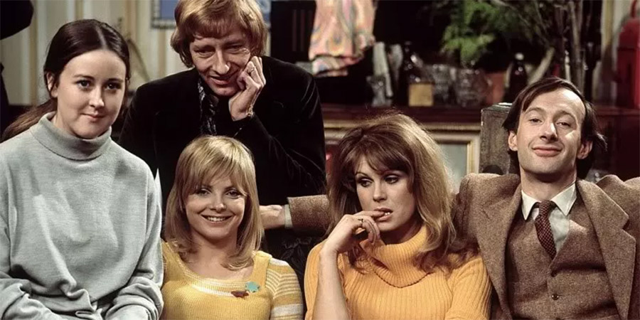 It's Awfully Bad For Your Eyes, Darling.... Image shows left to right: Pudding (Jane Carr), Clover (Elizabeth Knight), Bobby Dutton (Jeremy Lloyd), Samantha (Joanna Lumley), Dominic (Jonathan Cecil). Credit: BBC