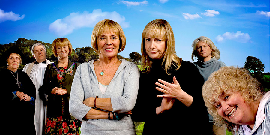 Jam & Jerusalem. Image shows from L to R: Queenie (Doreen Mantle), Hillary (Patrick Barlow), Eileen Pike (Maggie Steed), Sal Vine (Sue Johnston), Tip Haddam (Pauline McLynn), Caroline Martin (Jennifer Saunders), Rosie Bales (Dawn French). Copyright: BBC