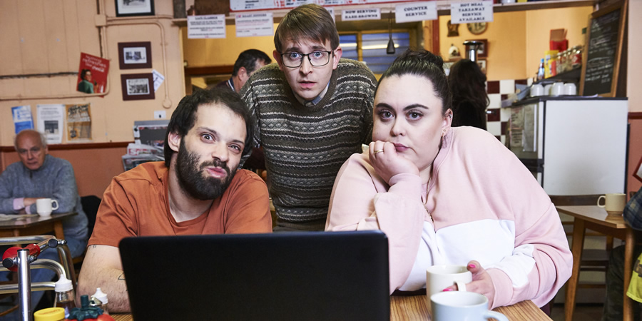 Jerk. Image shows from L to R: Tim (Tim Renkow), Idris (Rob Madin), Ruth (Sharon Rooney)