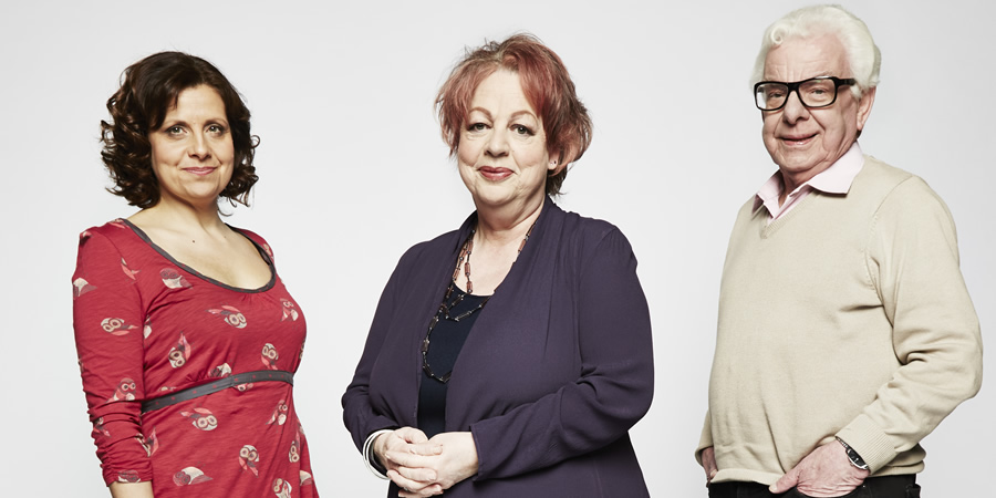Jo Brand's Great Wall Of Comedy. Image shows from L to R: Rebecca Front, Jo Brand, Barry Cryer. Copyright: STV Productions