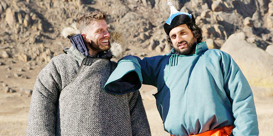 Joel & Nish Vs The World. Image shows from L to R: Joel Dommett, Nish Kumar. Copyright: Rumpus Media