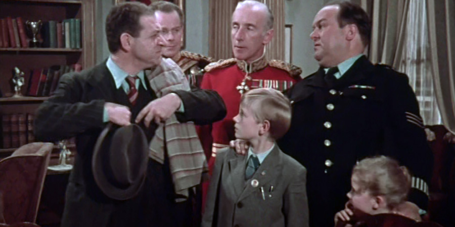 John And Julie. Image shows from L to R: Arthur Pritchett (Sid James), The Captain (Peter Coke), Sir James (Wilfrid Hyde-White), John (Colin Gibson), London Police Sergeant (Philip Stainton), Julie (Lesley Dudley)