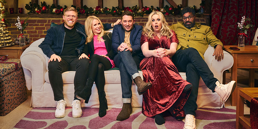 Jon & Lucy's Christmas Sleepover. Image shows from L to R: Rob Beckett, Lucy Beaumont, Jon Richardson, Roisin Conaty, Romesh Ranganathan