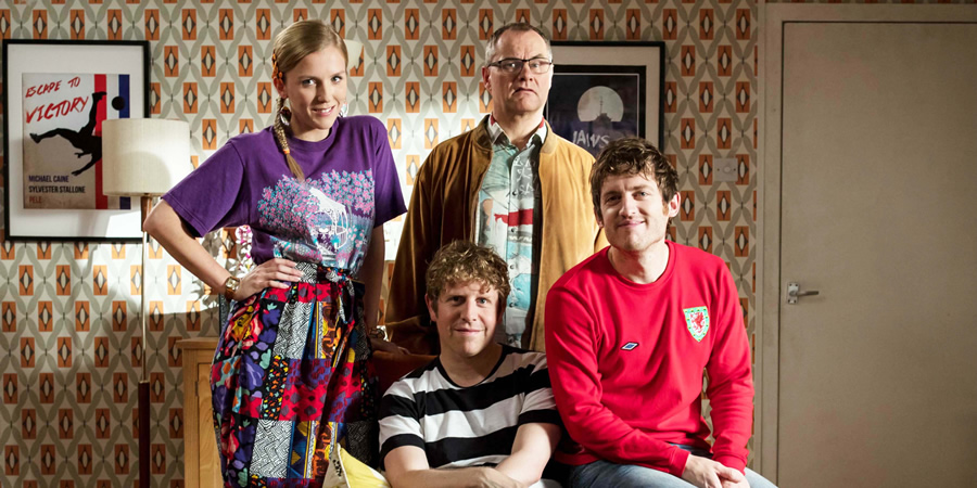 Josh. Image shows from L to R: Kate (Beattie Edmondson), Josh (Josh Widdicombe), Geoff (Jack Dee), Owen (Elis James). Copyright: BBC