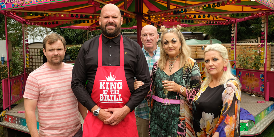 King Gary. Image shows from L to R: Winkle (Neil Maskell), Gary King (Tom Davis), Big Gary King (Simon Day), Terri King (Laura Checkley), Denise King (Camille Coduri)