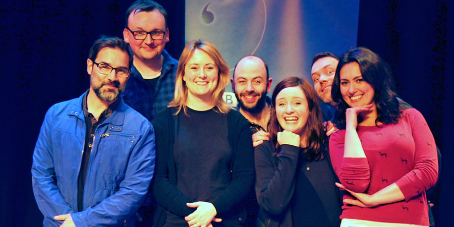 Kült. Image shows from L to R: Petr (Adam Buxton), Julian (Shane Langan), Anne (Philippa Dunne), Johnny (Niall Gaffney), Grace (Amy Stephenson), Karl (Rory Connolly), Siobhan (Yasmine Akram). Copyright: BBC