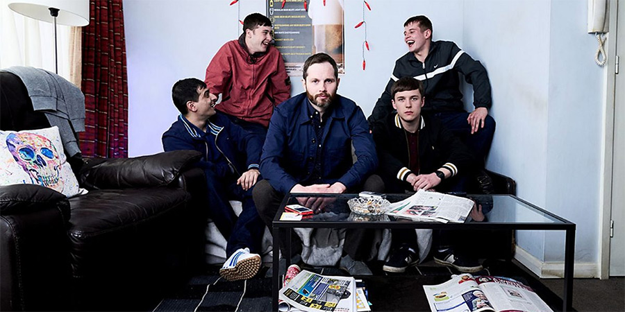 Ladhood. Image shows from L to R: Addy (Aqib Khan), Ralph (Samuel Bottomley), Liam (Liam Williams), Young Liam (Oscar Kennedy), Craggy (Shaun Thomas)