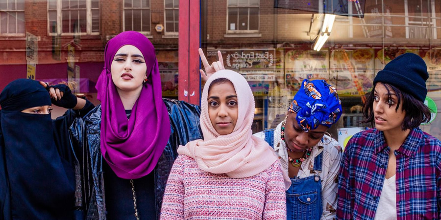 We Are Lady Parts. Image shows from L to R: Momtaz (Lucie Shorthouse), Ayesha (Juliette Motamed), Amina (Anjana Vasan), Bisma (Danielle Vitalis), Saira (Ritu Arya). Copyright: Working Title Films