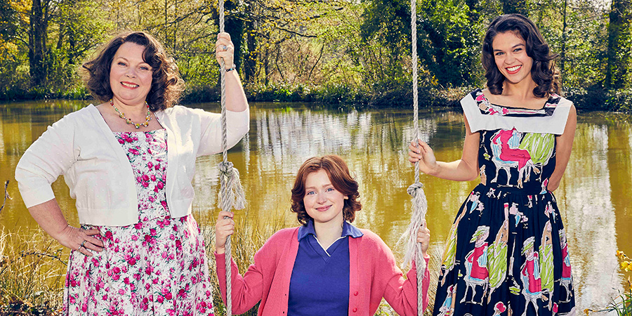 The Larkins. Image shows from L to R: Ma Larkin (Joanna Scanlan), Primrose Larkin (Lydia Page), Mariette Larkin (Sabrina Bartlett)