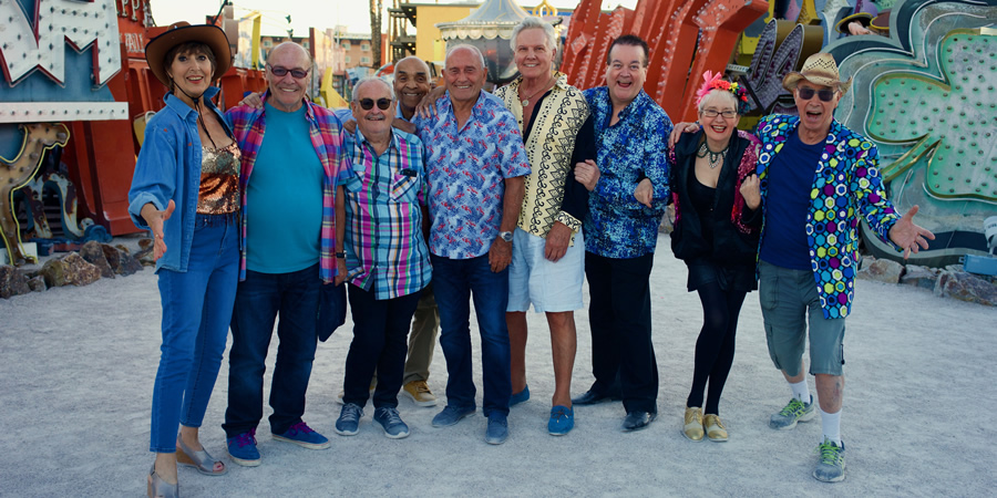 Last Laugh In Vegas. Image shows from L to R: Anita Harris, Mick Miller, Bobby Ball, Kenny Lynch, Tommy Cannon, Jess Conrad, Bobby Crush, Su Pollard, Bernie Clifton. Copyright: Shiver Productions