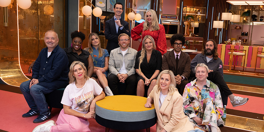 Last One Laughing UK. Image shows left to right: Bob Mortimer, Judi Love, Lou Sanders, Harriet Kemsley, Jimmy Carr, Rob Beckett, Daisy May Cooper, Roisin Conaty, Sara Pascoe, Richard Ayoade, Joe Lycett, Joe Wilkinson