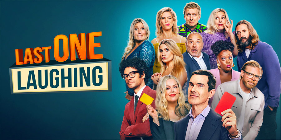 Last One Laughing Series 1 cast and logo. Image shows left to right: Richard Ayoade, Daisy May Cooper, Lou Sanders, Harriet Kemsley, Roisin Conaty, Joe Lycett, Bob Mortimer, Jimmy Carr, Sara Pascoe, Judi Love, Joe Wilkinson, Rob Beckett. Credit: Amazon Studios