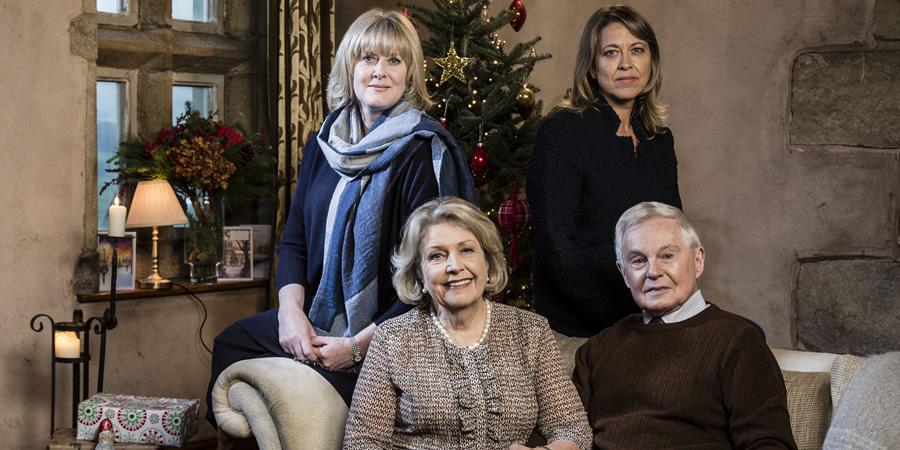 Last Tango In Halifax. Image shows from L to R: Caroline (Sarah Lancashire), Celia (Anne Reid), Gillian (Nicola Walker), Alan (Derek Jacobi). Copyright: Red Production Company