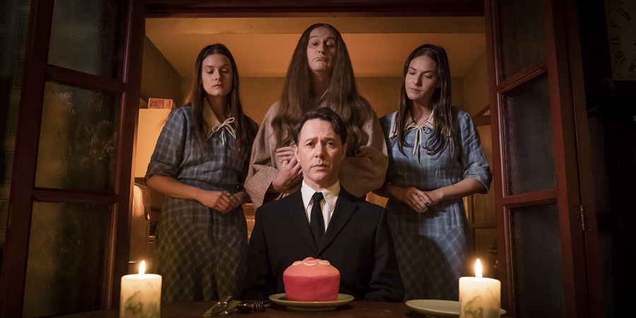 The League Of Gentlemen. Image shows from L to R: Chloe Denton (Francesca Knight), Auntie Val (Mark Gatiss), Benjamin (Reece Shearsmith), Radclyffe Denton (Lily Knight). Copyright: BBC